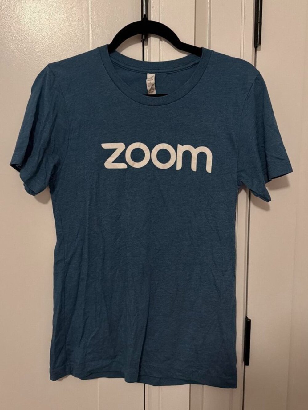 Blue Zoom t-shirt with white 'zoom' text